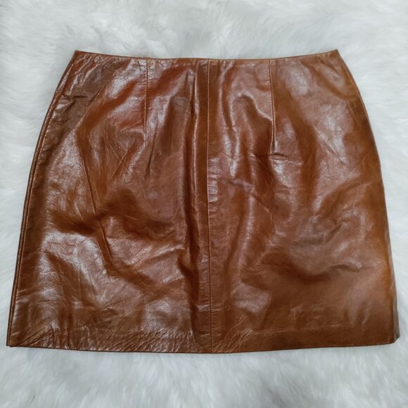 Hugo Buscati100% Leather Antique 70s Style Brown A-Line Wrap Mini Skirt Size 6 - Picture 5 of 16